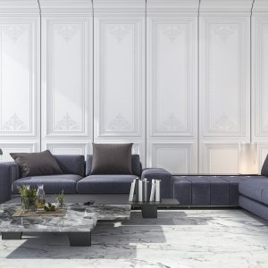 3d rendering blue and brown sofa set in classic luxury white room