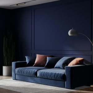 Dark blue living room interior with blue sofa, luxury style, 3d render